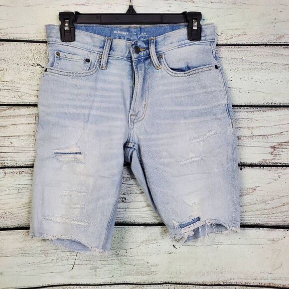 Old Navy Slim Fit Distressed Light Wash Denim Shorts Size 28 Raw Hem - Picture 1 of 7